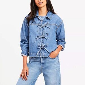LOFT Denim Shirt Jacket with Bow Tie Closure Size Small Petite